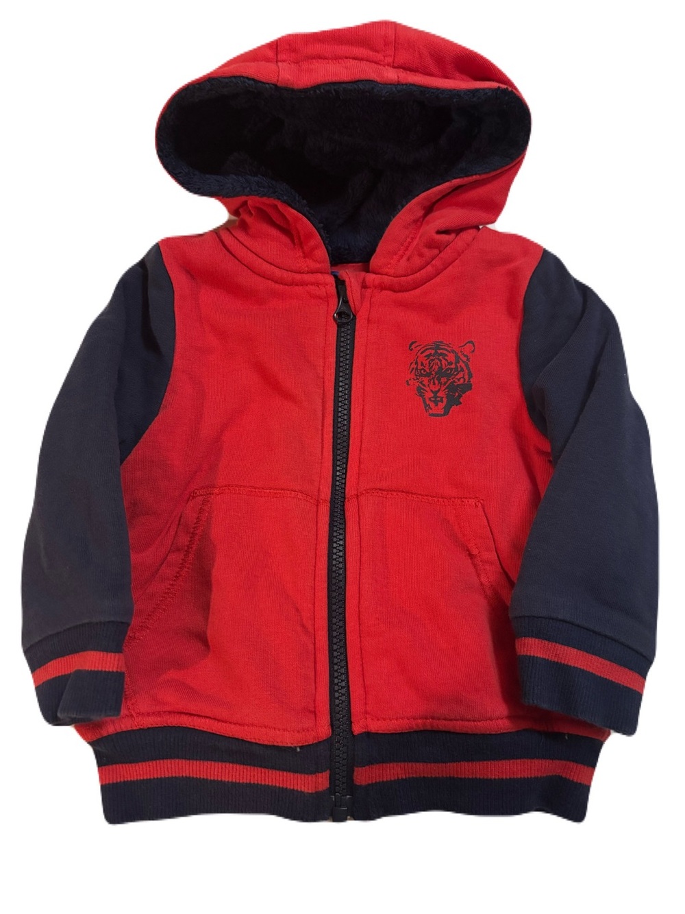 Kids Red and Navy Zip Lined Hoodie with Tiger Graphic